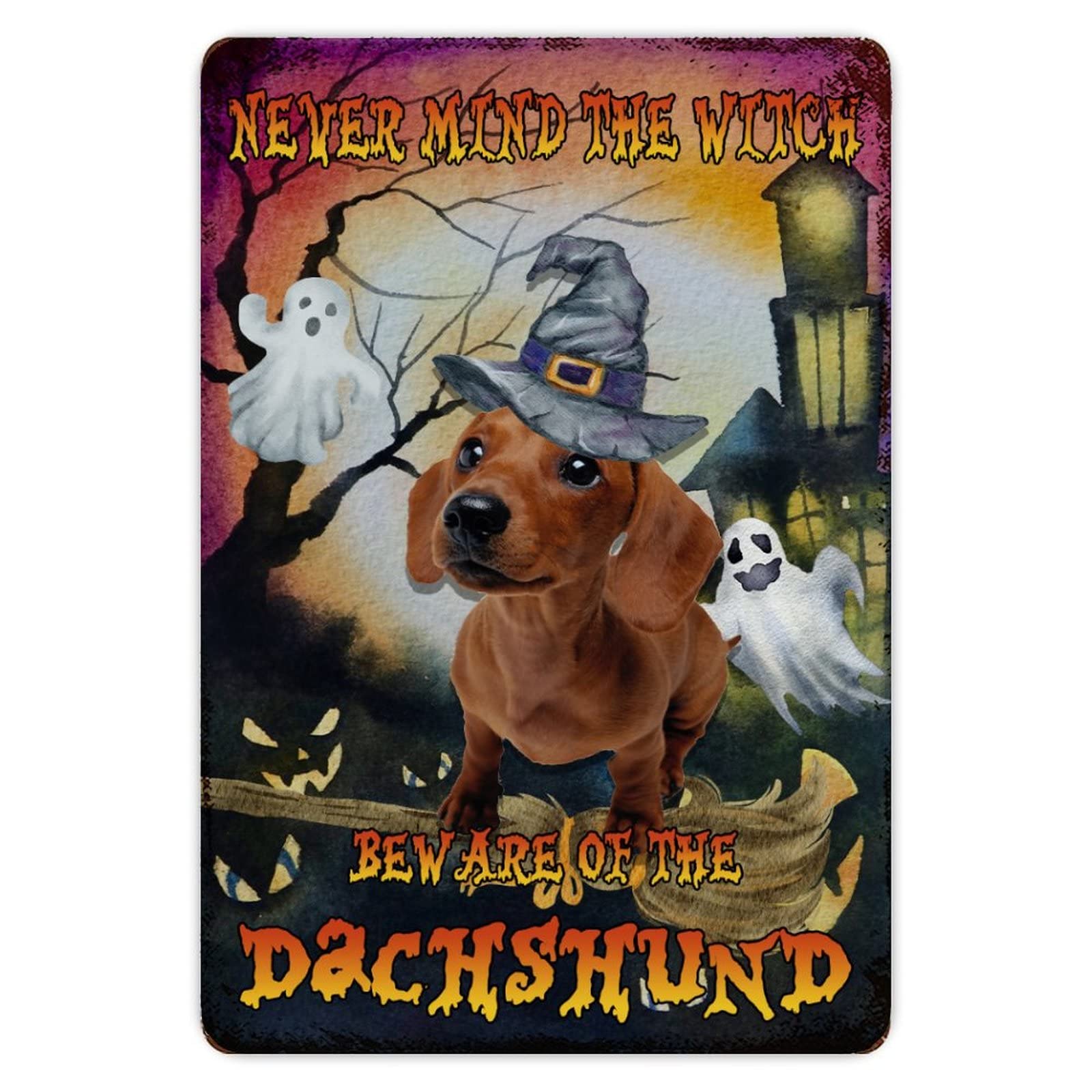 ENEDNATE Farmhouse Man Cave Metal Sign Happy Halloween Never Mind The Witch Beware of The Dog Retro Aluminum Tin Metal Signs for Indoor Outdoor Yard Office Kitchen Living Room Door Home Décor 8"x12"