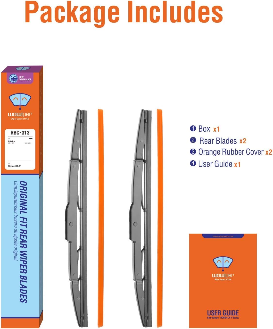 Genuine Rear Wiper Blades for Honda CRV 2012 2013 2014 2015 2016, 13"+13" (2 Pack) OEM 76730-T0A-003, Compatible for U/J-Hook