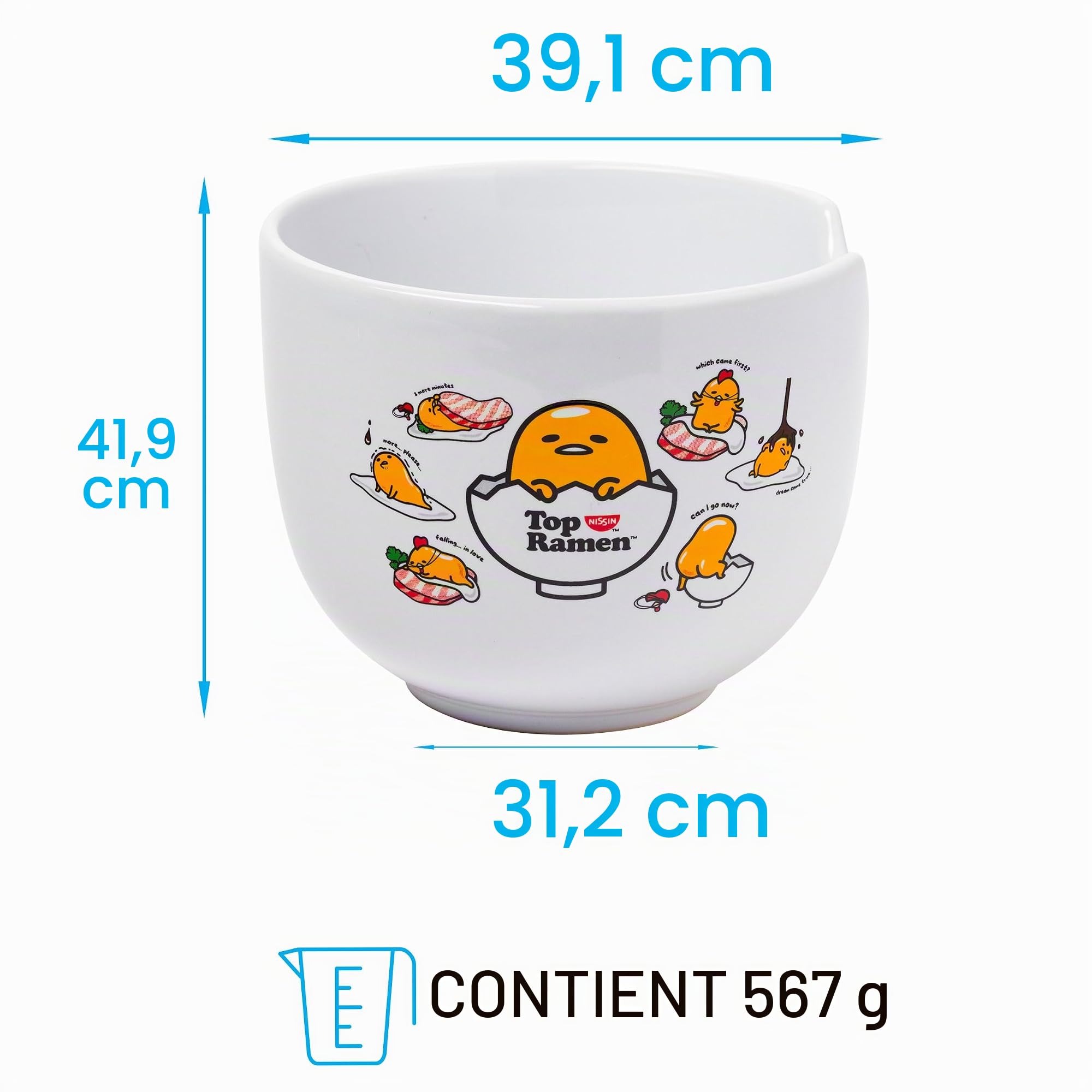 Silver Buffalo Sanrio Gudetama Lazy Egg Poses Top Ramen Nissin Bol à riz en céramique avec baguettes Passe au micro-ondes 590 ml