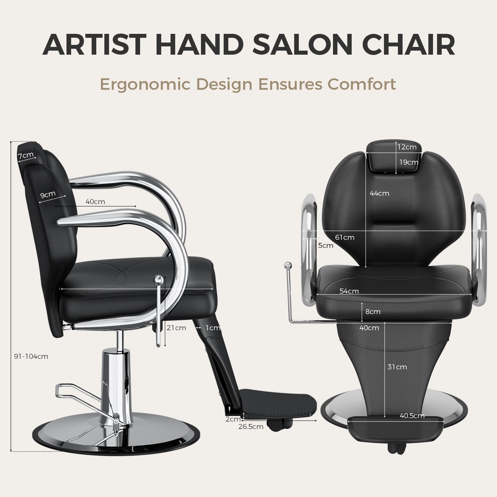 Sillón de Peluquería, Silla de Peluquero Hidráulica Reclinable Barber 360° para Peluquerí, Salón de Belleza, 61 x 57 x 91-104 cm (Negro)