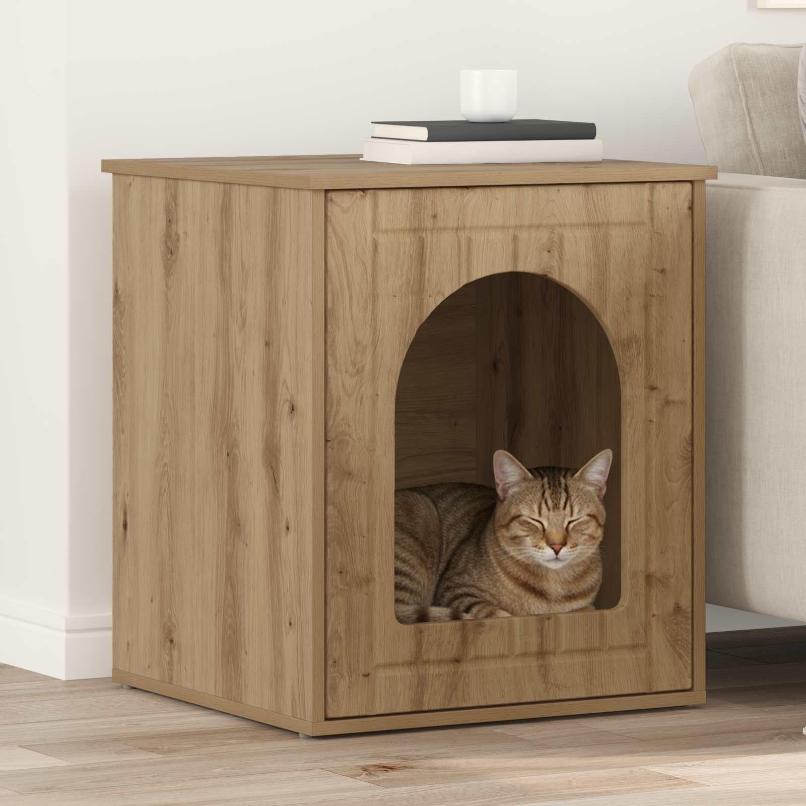 vidaXL Casa para Gatos Roble Artesanal 53 x 52 x 62 cm, Guarida Moderna para Gatos, Rincón Acogedor, Refugio Duradero, Hogar Estilo Compacto