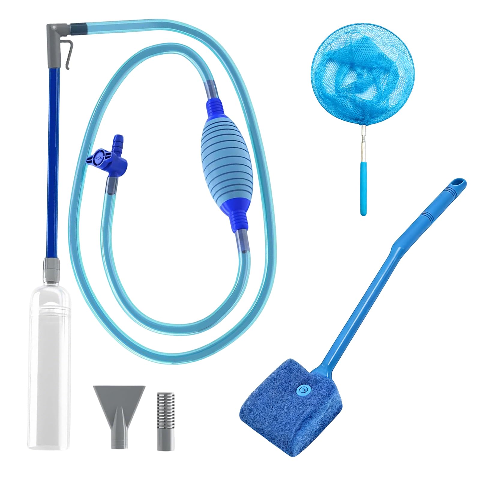 Gravel Fish Tank Cleaning Kit, 3 in 1 Aquarium Siphon Vacuum Cleaner with 260cm Hose, Fish Net and Algae Cleaning Brush for Water Changing and Tank Maintenance