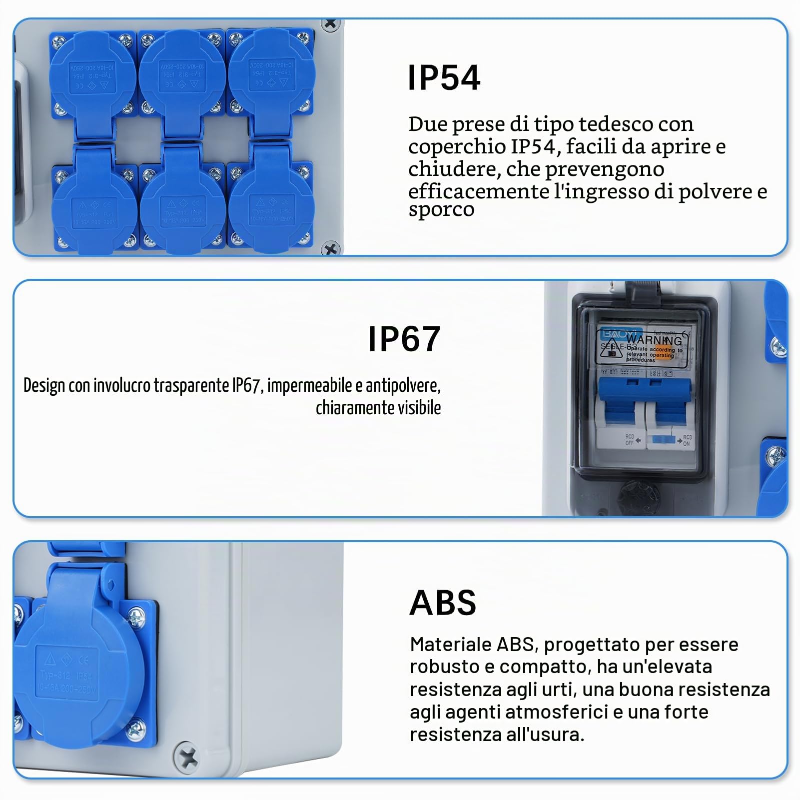 Distributore di corrente Buyweek con protezione dalle perdite RCD 50A 1P+N, scatola di distribuzione a parete con interruttore FI e prese Schuko, IP54 impermeabile(6-Way)