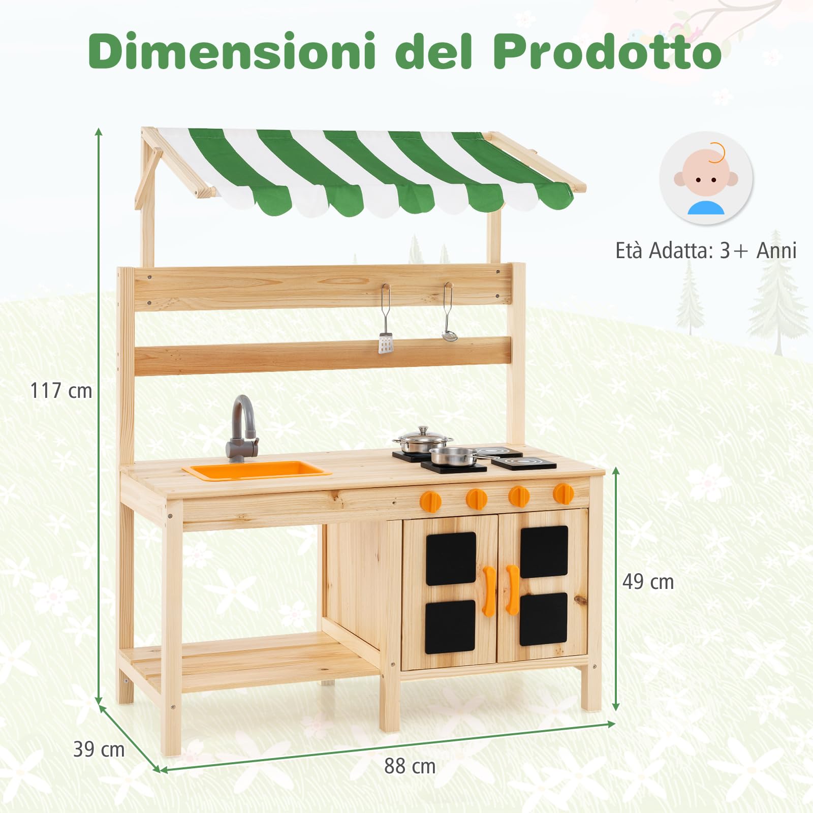 COSTWAY Cucina Giocattolo per Giardino in Legno di Abete, Cucina per Fango da Esterno con Tettoia, Fornelli, Ganci, 4 Lavagne e Lavello, Set Cucina con 5 Accessori, 88 x 39 x 117 cm