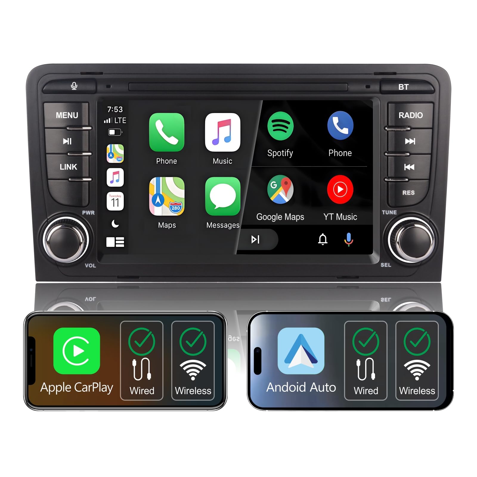 Autoradio per Audi A3 8P 2003-2012,con Sistema Linux & Display IPS 7",CarPlay Wireless e Android Auto Integrati,Comandi al volante originali,Bluetooth 5.0,RDS AM/FM,USB,EQ/DSP & Alta Potenza