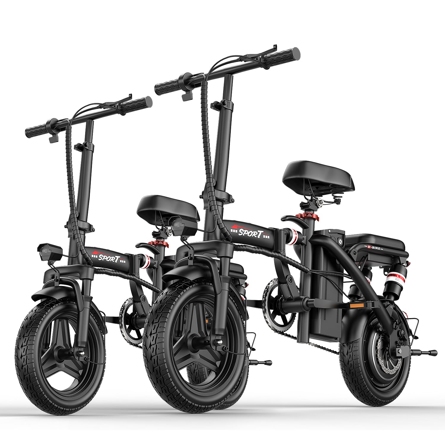 Two individuals riding AZHAR G26 foldable electric bikes on a paved path with palm trees in the background.