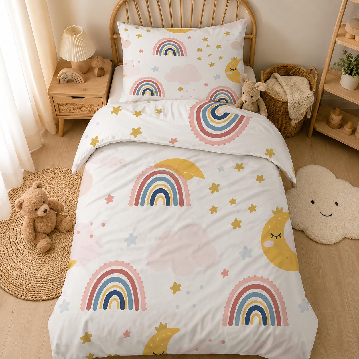 Parure de lit pour Enfant et BéBé étoiles Étoile Housse de Couette 100x135 cm Bebe et Taie d'oreiller 40x60 cm, Lune Jaune Réversible Ensemble de Literie Linge de Lit pour Tout-Petits