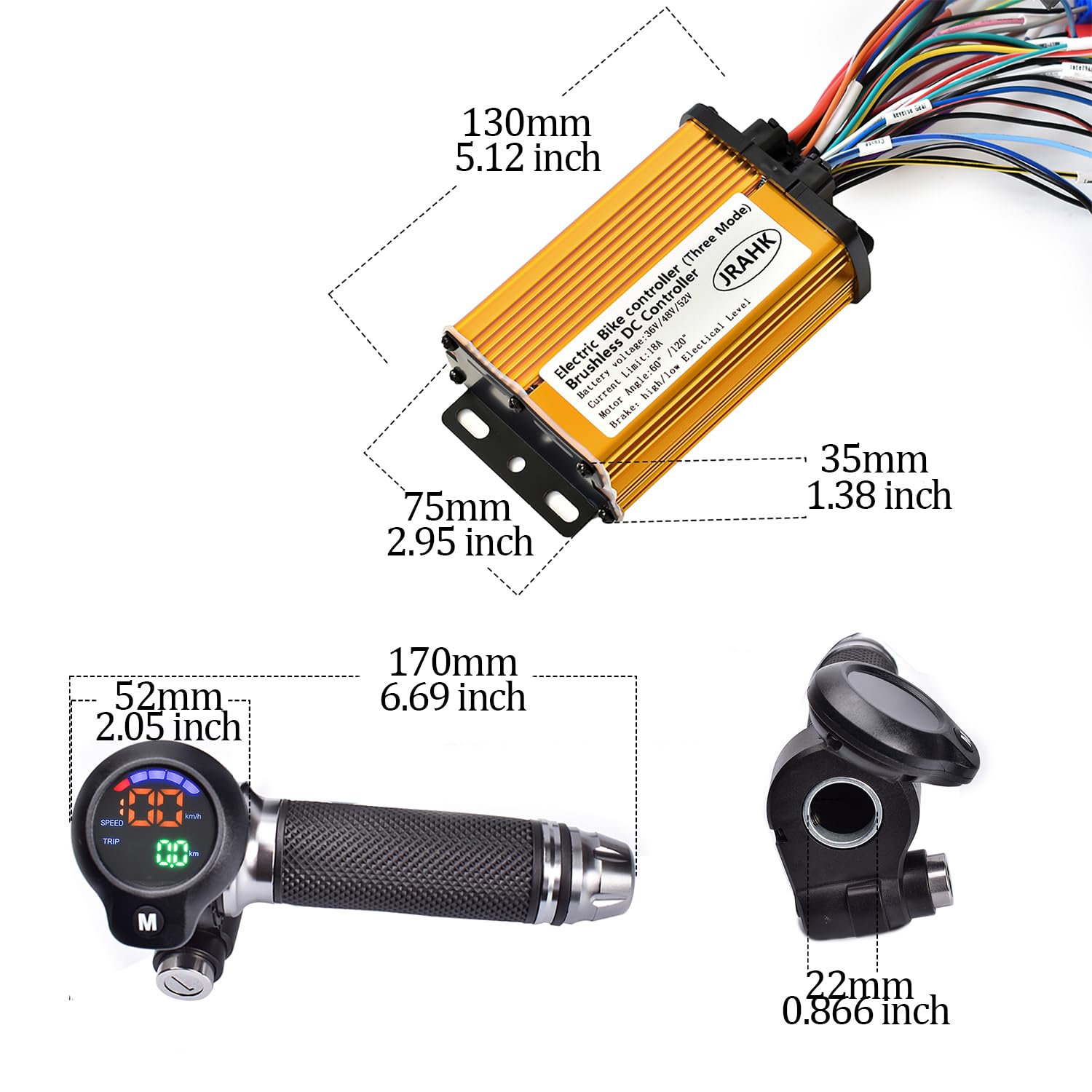 Diagram showing dimensions of the JRAHK E-Bike Controller and LCD Display Throttle.