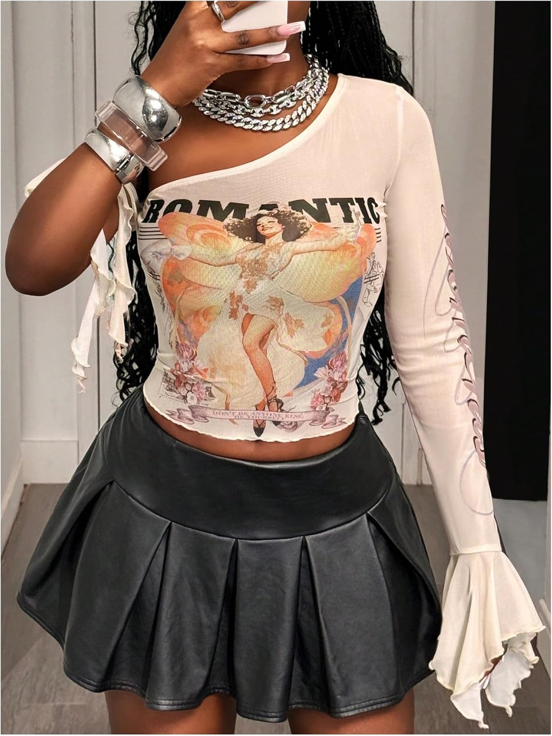 Women's One Shoulder Graphic Tees Ribbon Bowknot Long Sleeve Y2k Asymmetrical Crop Tops - Image 3