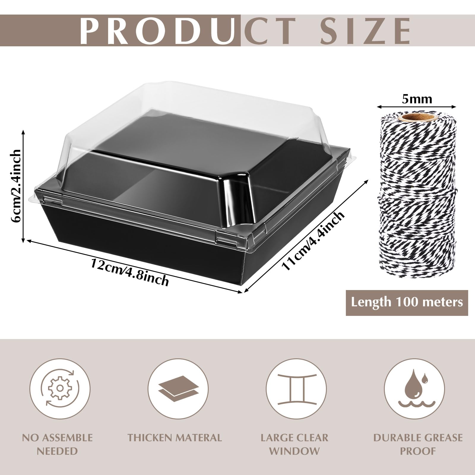 FDTBYHVYT 150 Pack Charcuterie Boxes With Clear Lids And Rope 4 Inches Cake Disposable Square Dessert Food Containers Lids Bakery Macaron Cookies Strawberries