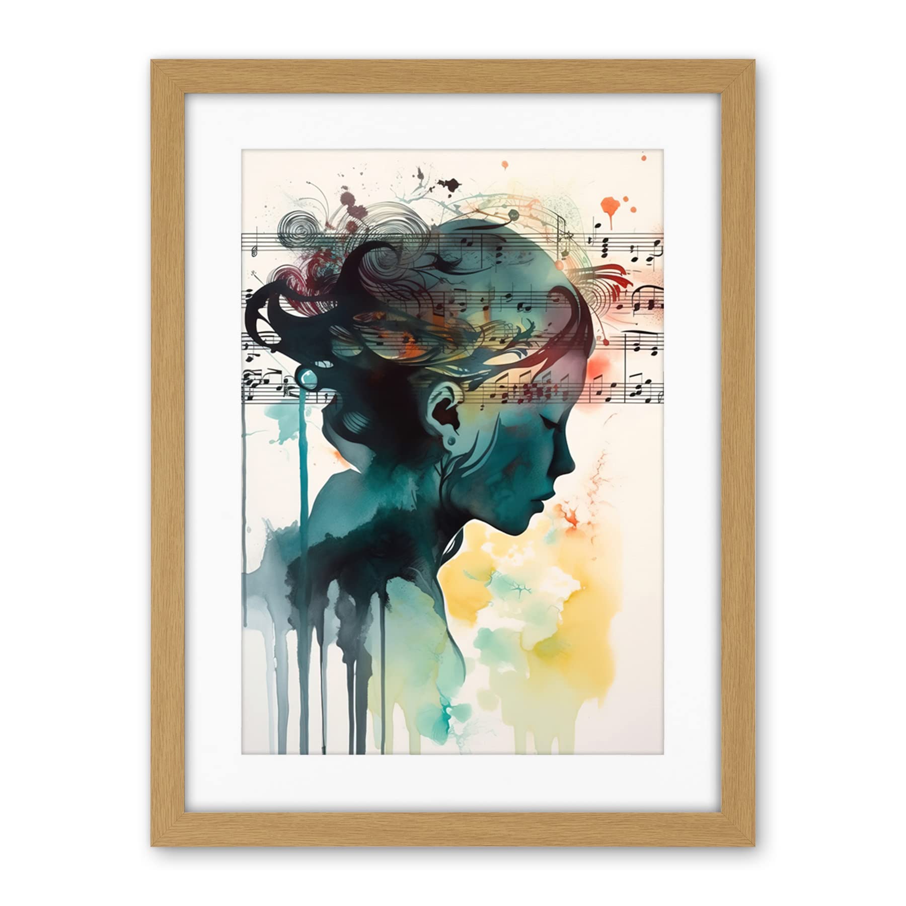 Artery8 Music on my Mind Singing in my Head Modern Portrait Watercolour Illustration Artwork Framed Wall Art Print 18X24 Inch