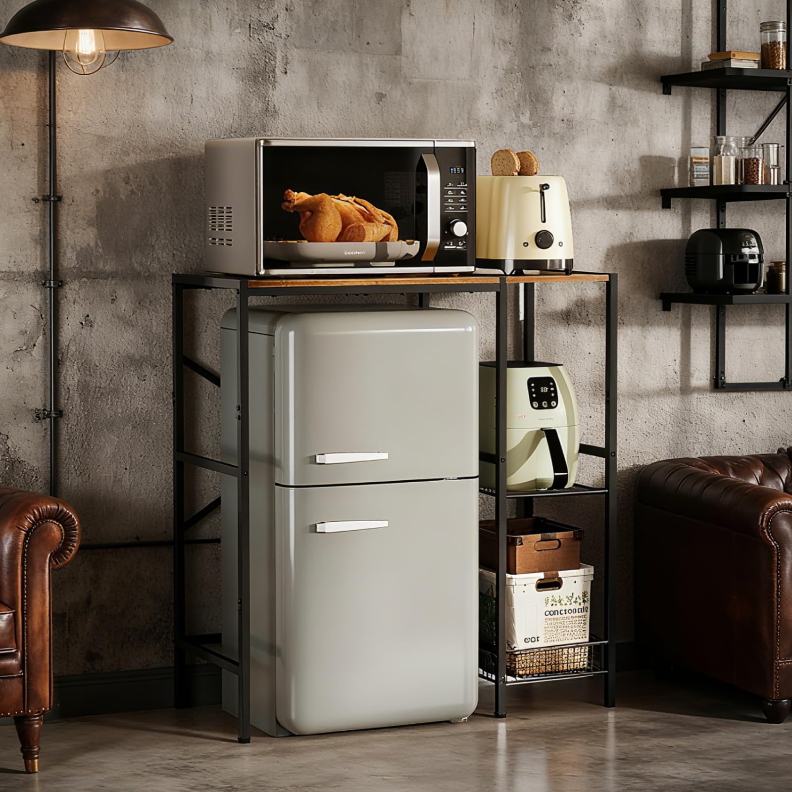XUDREZ Soporte pequeño para nevera con estantes de almacenamiento, soporte ajustable para microondas, organizador de cocina multifuncional para tostadora, cafetera, estante de pie para hornear para el
