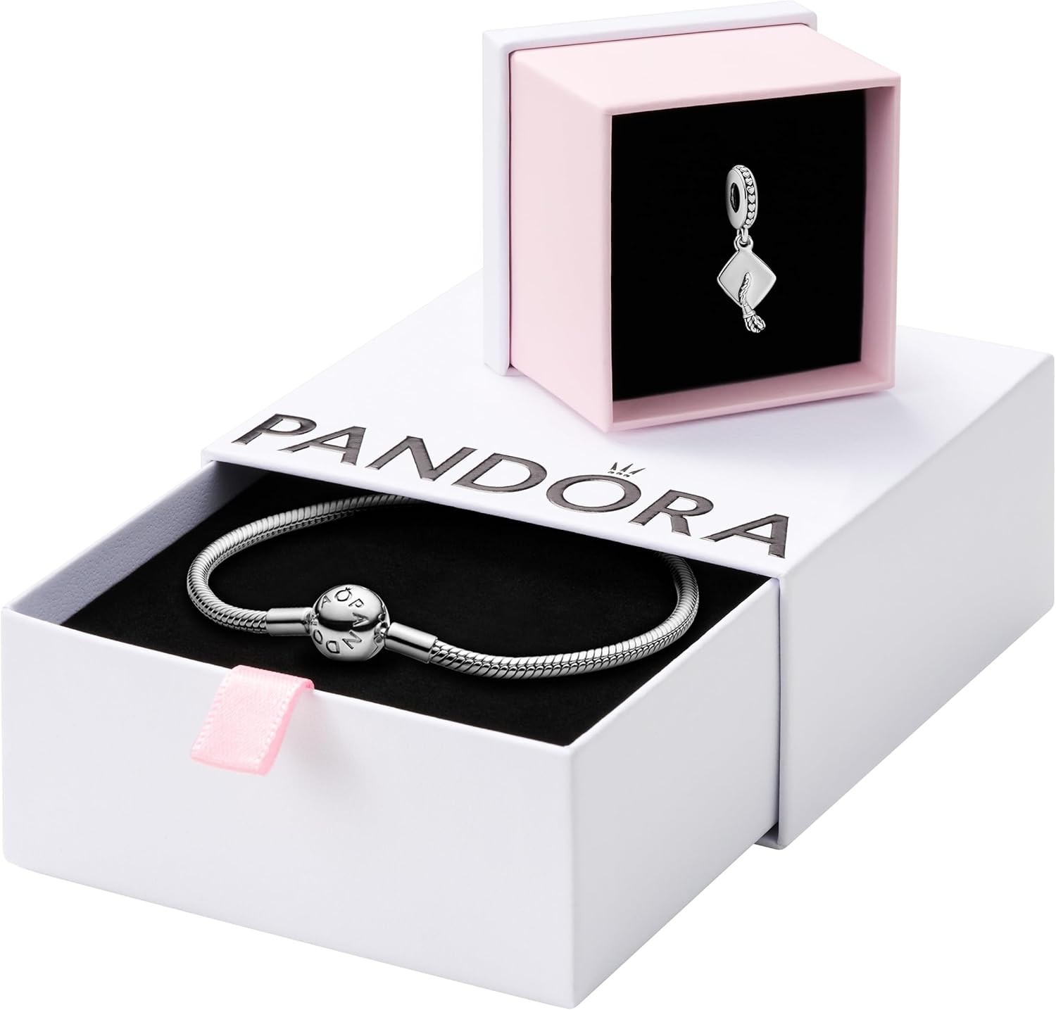 PANDORA Jewelry Bundle with Gift Box - Sterling Silver Graduation Charm & Moments Sterling Silver Snake Chain Charm Bracelet with Ball Clasp, 9.0" - Gift for Women
