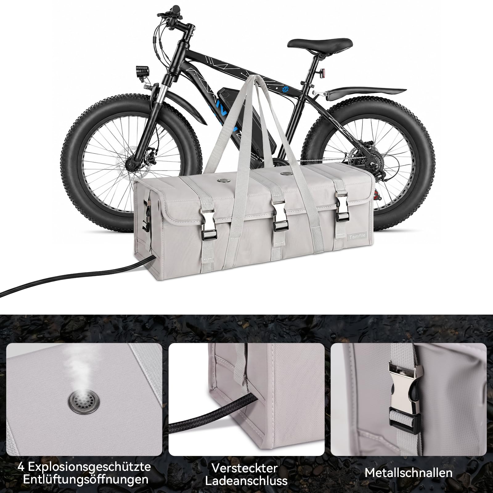 Tamfile E-Bike Akku-Tasche, Feuerfeste Explosionssicher Ebike Akkutasche, 49 x 15 x 15 cm Große Kapazität Aufbewahrungstasche für Fahrrad Akku Lipo-sichere Tasche für Lagern, Laden, Transportieren | Explosionsgeschützte Entlüftungsöffnungen