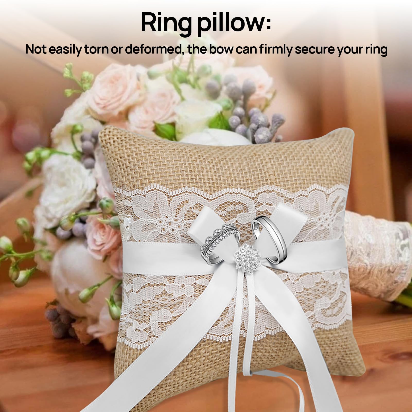 HANIUTTY Cuscino Fedi Nuziali 20x20cm - In Lino E Pizzo, Con Fiocco, Per Cerimonie - Foto 4