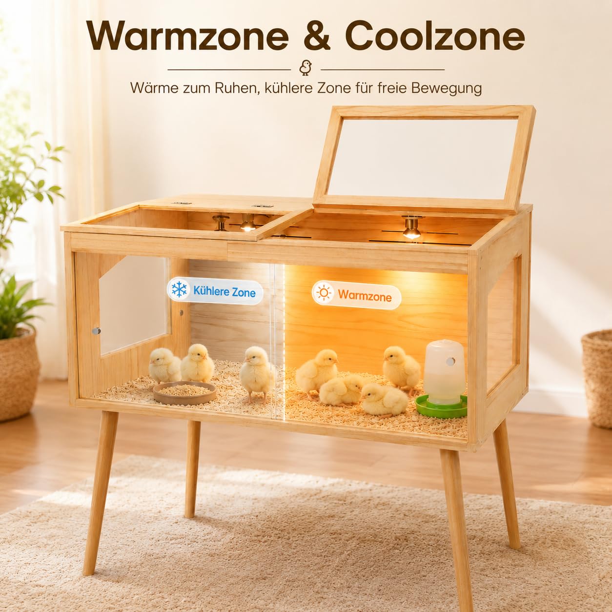 Casetta per l'allevamento di pulcini, 100 x 52 x 53 cm, in legno di pino con termostato, 2 lampade termiche, finestre in acrilico, ventilazione, porte scorrevoli e gambe in legno da 70 cm, per criceti