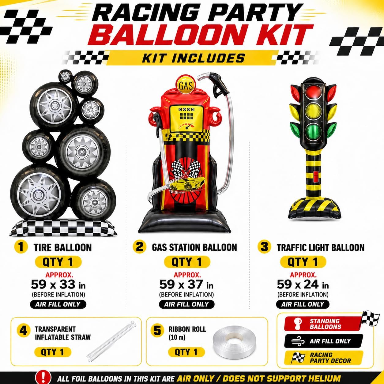 3Pcs Racing Party Balloon Set/Giant Self Standing Tire Gas Station Traffic Light Balloon/Race Car Birthday/Checkered Racing Theme Supplies for Men/Fast One Two Fast Decor/Traffic Road Sign Photo Prop image 2