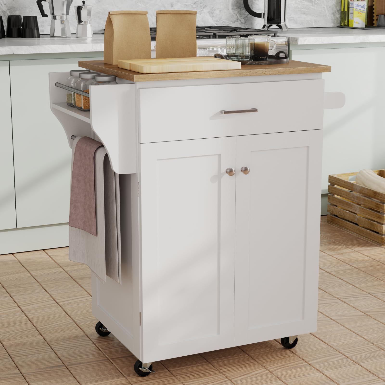 GIANTEX Carrello da cucina con piano di lavoro, carrello da portata con ruote, armadio da cucina con cassetto e ripiano regolabile, carrello da cucina con portasciugamani, mobile da cucina, in legno