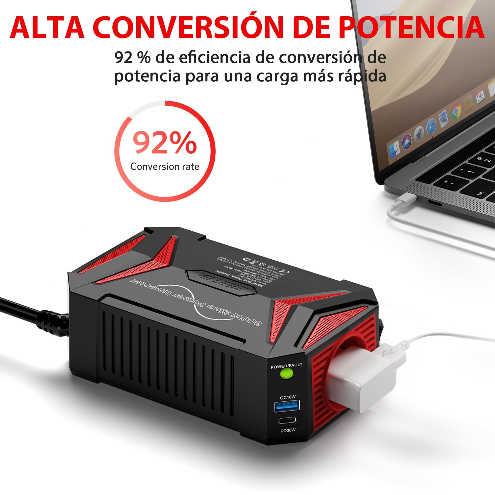 BESTEK Inversor 12v a 220v Onda Pura 300W Conversor para Coche Onda Sinusoidal Transformador con 2 Puerto de Carga Rápida（PD30W&QC18W）y 1 Toma de AC, Adaptador de Mechero Coche para Portátil, Movíl
