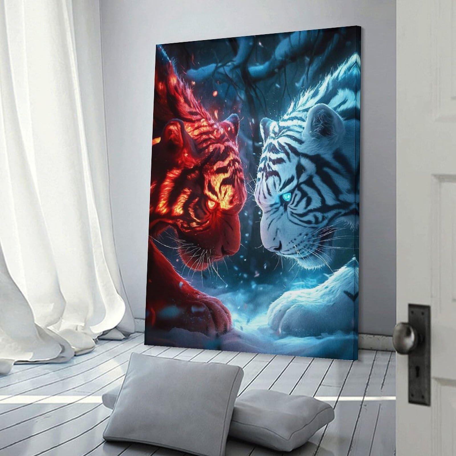 Junmoney Frame-Style-31 Fire And Ice Tigers Confrontation Wall Decor Canvas Print, 20X30inch(50X75cm), For Wall Displays, Bedrooms Or Room Updates, Wall Decor Suited To Curated Displays