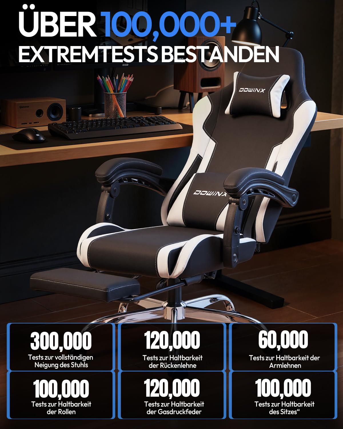 Dowinx sedia da gaming ergonomica con massaggio e poggiapiedi, poltrona gaming reclinabile 150°, braccioli regolabili, sedia ufficio imbottita, portata 180 kg, Bianco
