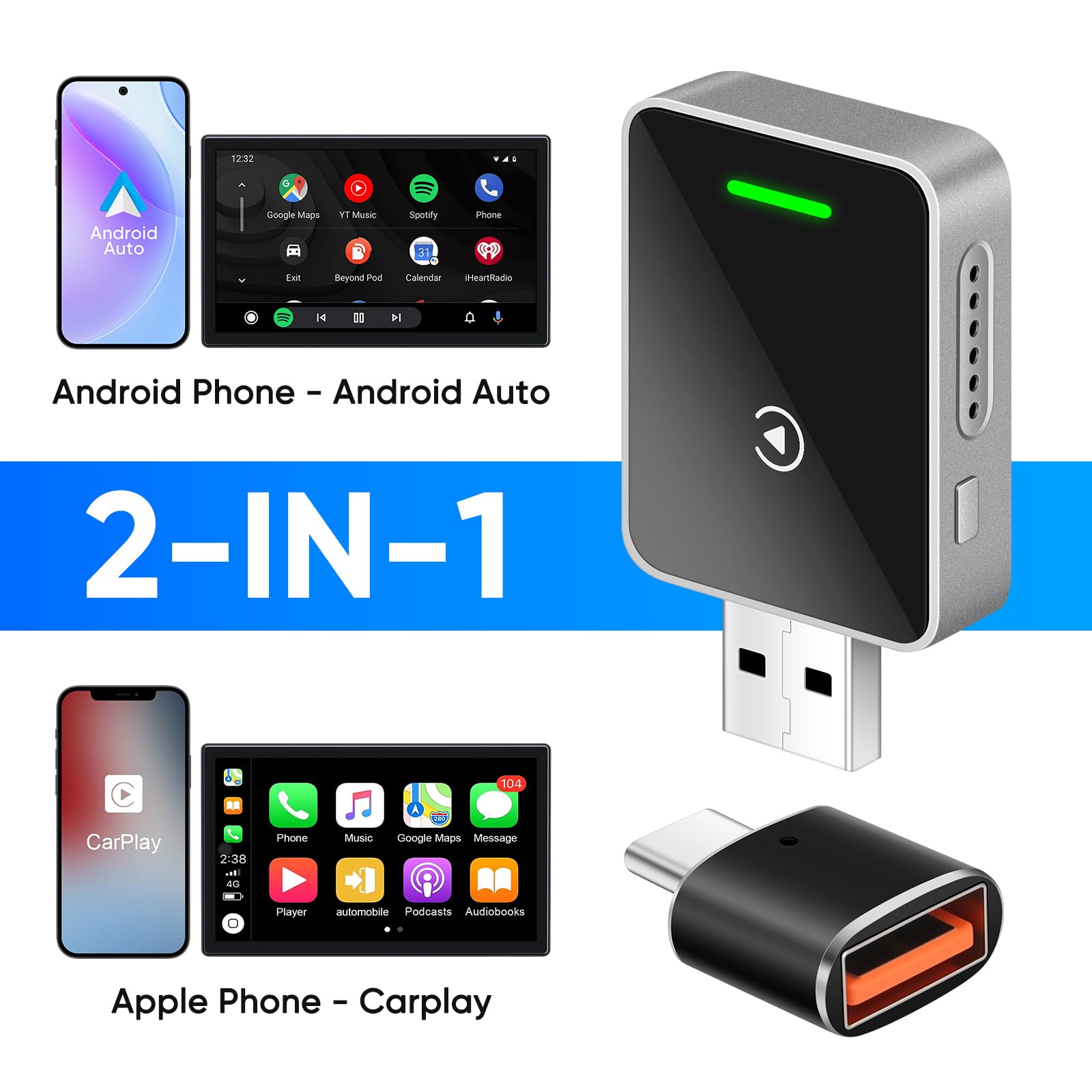 MYPIN Bezprzewodowy adapter 2 w 1 do CarPlay/Android Auto, stabilne połączenie i brak opóźnień, adapter CarPlay z przedłużaczem USB A/C, kompatybilny z iPhone/Android, czarny