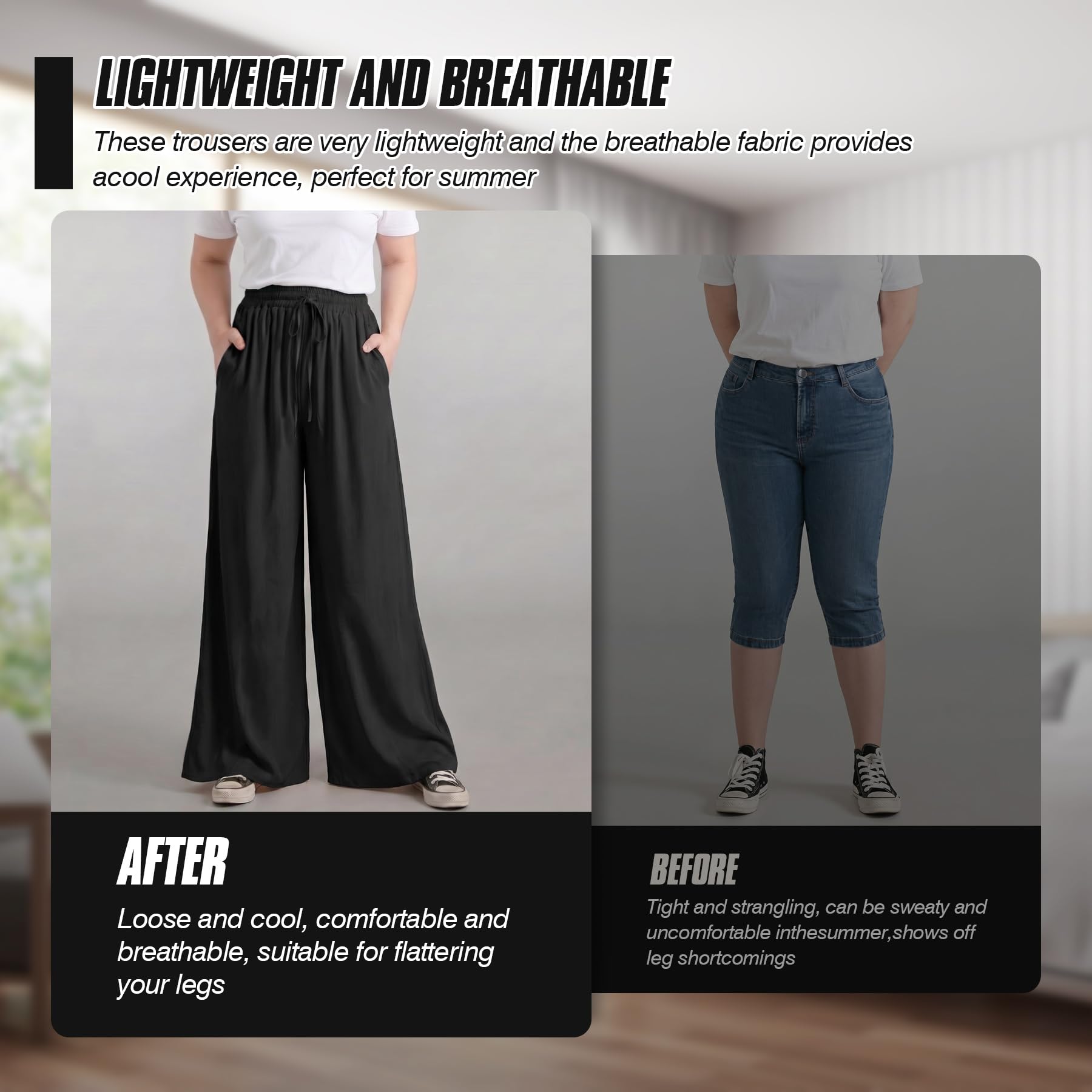 Spesh Pantalon à jambes larges pour femme, taille haute élastique, pantalon d'été ample pour femme, pantalon décontracté avec poches
