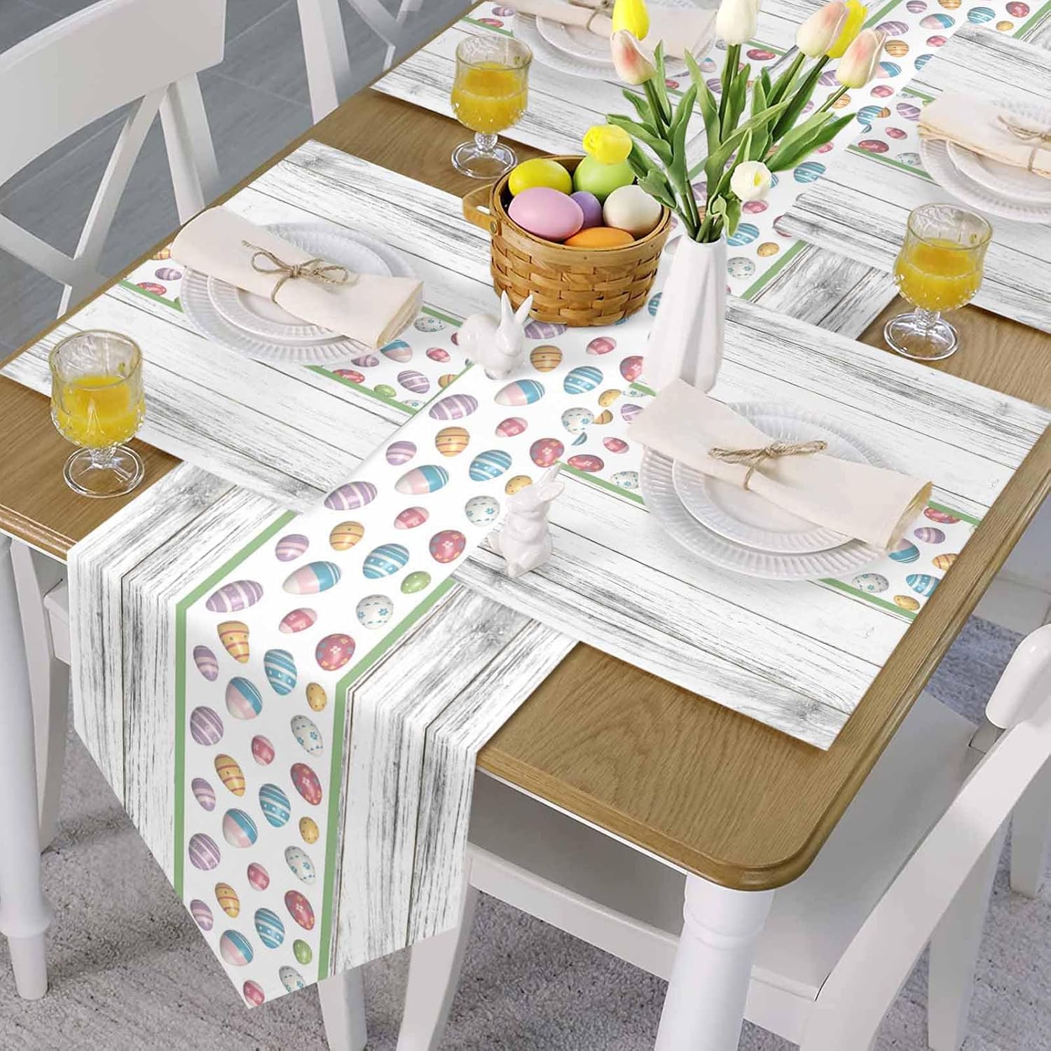 Z&L Home Happy Easter Table Runner Colorful Eggs Dresser Scarves, Linen Burlap Tablecloths for Dining, Farmhouse Kitchen Coffee/End Table Runners, Spring Tables Decoration Grey Wooden Texture 13x70in