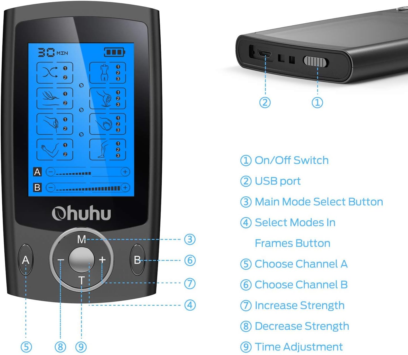 Independent Dual Channel TENS EMS Unit of Ohuhu, AS8012 TENS and Powered Muscle Stimulator with 20 Massage Modes for Pain Relief, Rechargeable Massager 24 Pads, Matte Black Mother Father's Day Gift