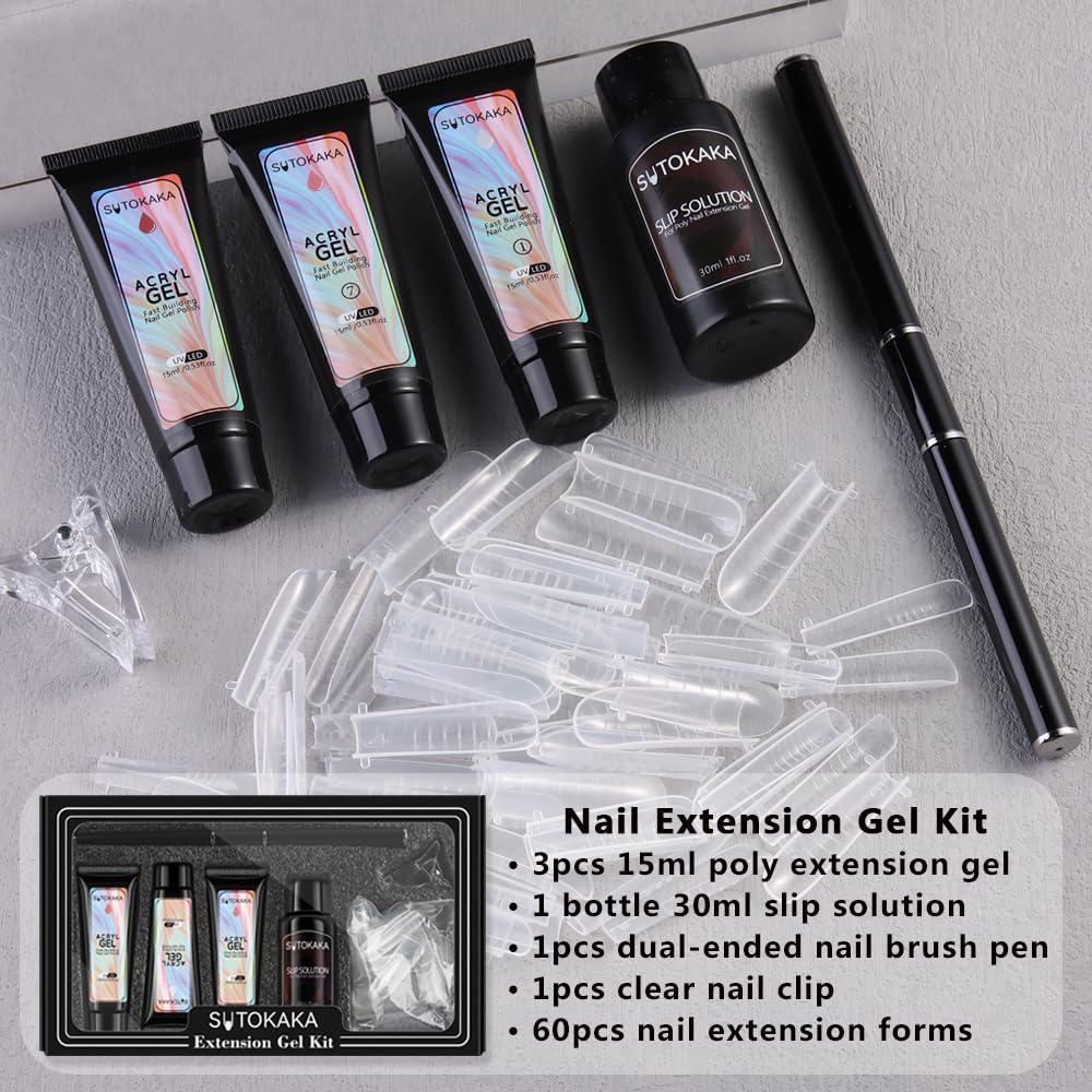 SUTOKAKA Poly Gel Nail Kit, 3 Colors White Nude Pink with Slip Solution Dual Nail Forms Dual-Ended Brush, Builder Gel Enhancement Starter Kit for Manicure DIY Salon Home Use