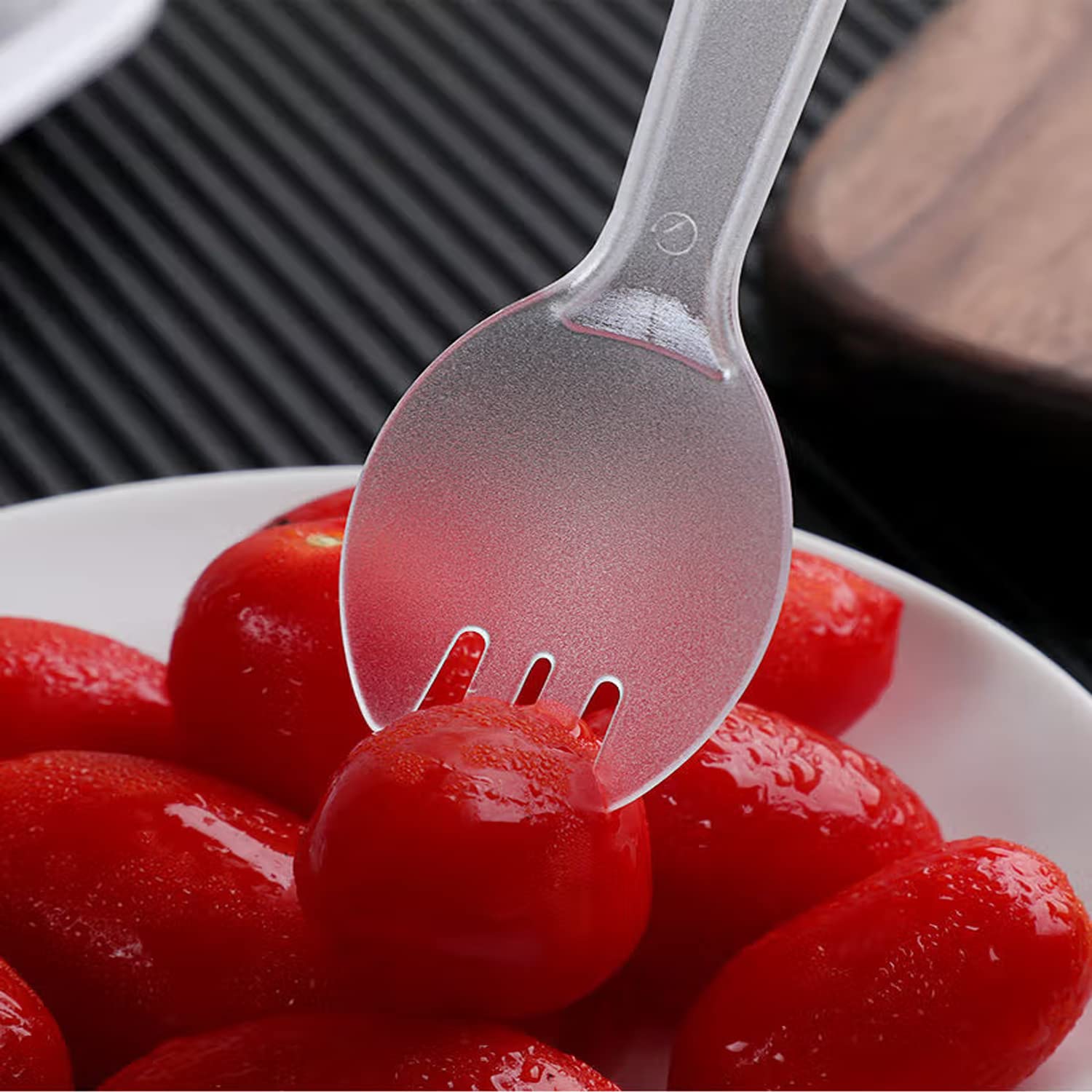 200PCS Disposable Plastic Sporks, Individually Wrapped Durable Mini Spork, 2 in 1 Forks and Spoons for Desserts, Yogurt, Ice Cream, Fruit, Salad, Birthday Cake (Clear) — Amazon image 5