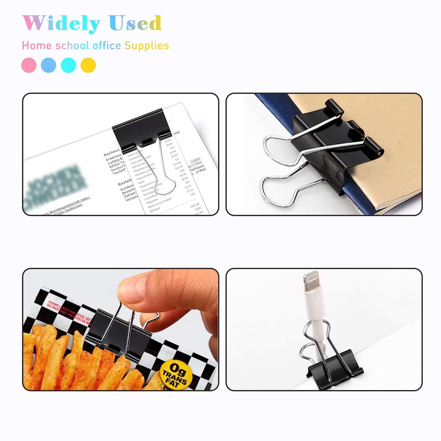 Klipsy do segregatorów różne rozmiary 60 sztuk, czarne, mini, małe, średnie, X średnie, spinacze do papieru, składany zacisk, materiały biurowe, artykuły biurowe, z plastikowym pudełkiem