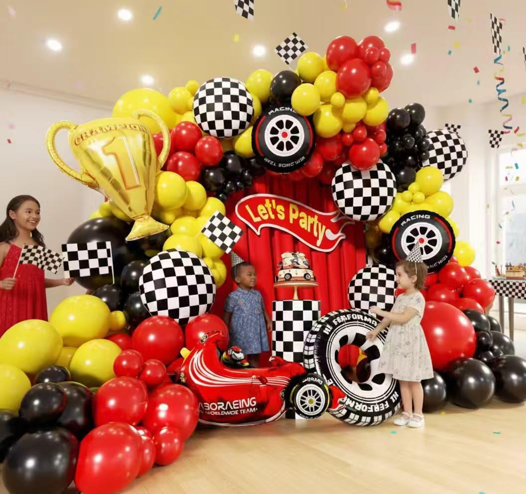 Race Car Balloon Arch Kit - 170Pcs Different Size Balloons and Tire Flags Checkered Black Red Yellow Balloon Garland Kit for Racing Car Two Fast 2nd Theme Baby Birthday Party Decorations - Image 4