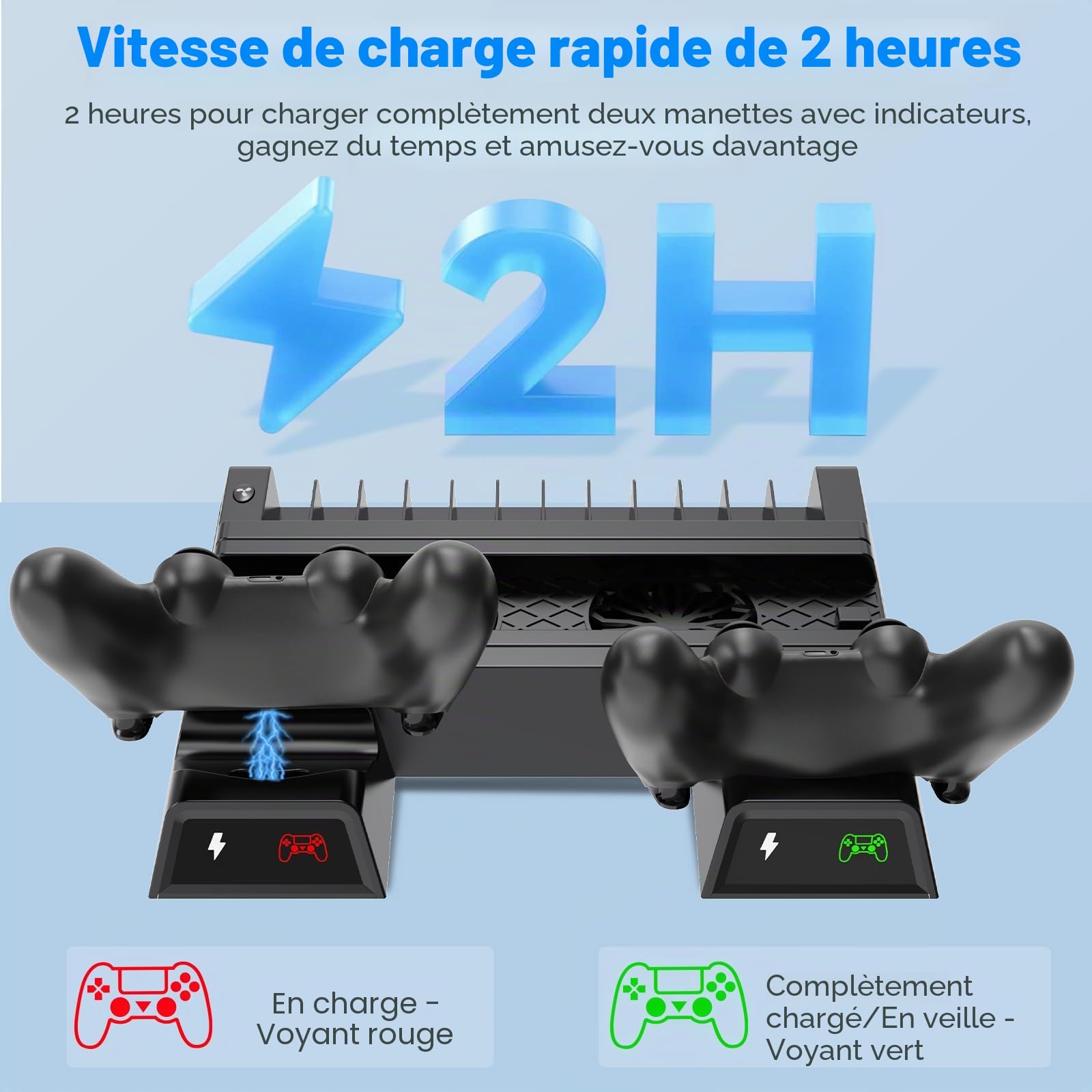 ASUNCELL Support Vertical PS4 avec Ventilateur et Station de Charge pour Playstation 4/Pro/Slim - Refroidisseur et Contrôleur avec 12 Jeux de Rangement
