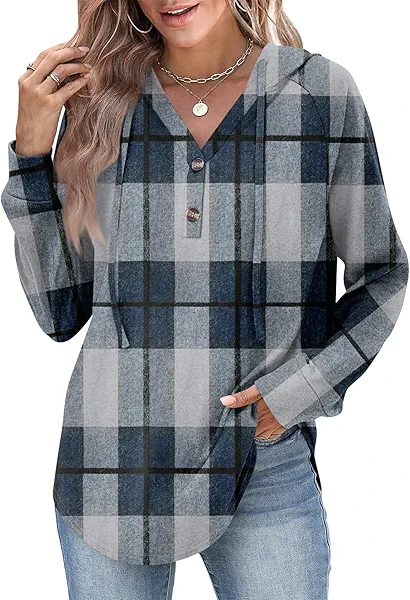 Womens Hoodies Trendy Plaid Button Graphic Cotton Hoodie Raglan Curved Hem Vintage Sweatshirt Office College Streetwear Comfort Hoodie Holiday Athletic Over Sized Women Fall Clothes Blue,S