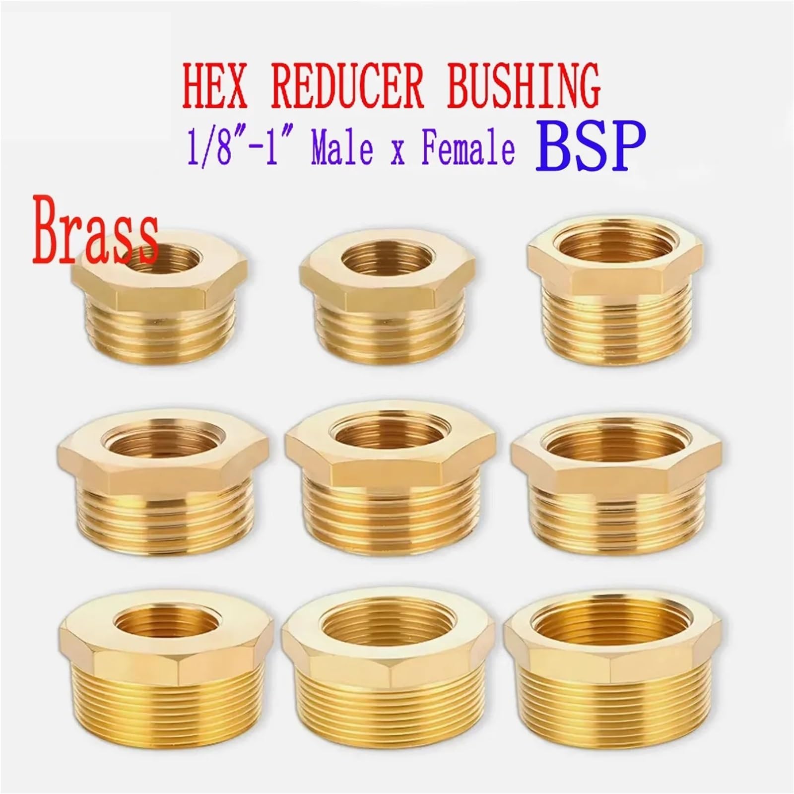 Buje adaptador de latón BSP macho a hembra (1/8”-1”) for sistemas combustible, agua, gas y aceite Para Plomería Industr