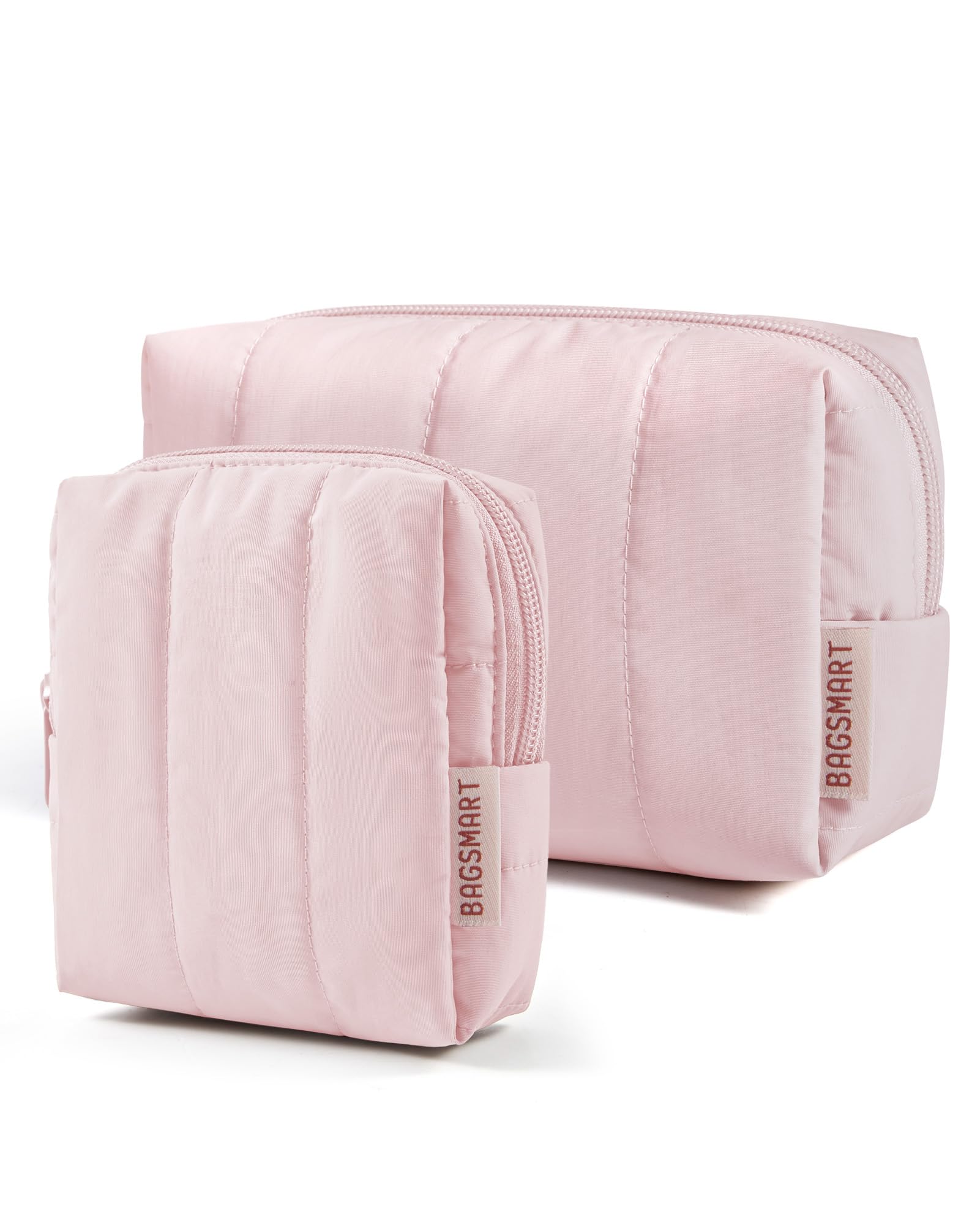 BAGSMART Makeup Bag Duo Set, Puffy Padded Travel Cosmetic Organizer with Slip-in Pockets, Large Toiletry Bag & Small Purse Pouch, Travel Essentials for Women, Baby Pink