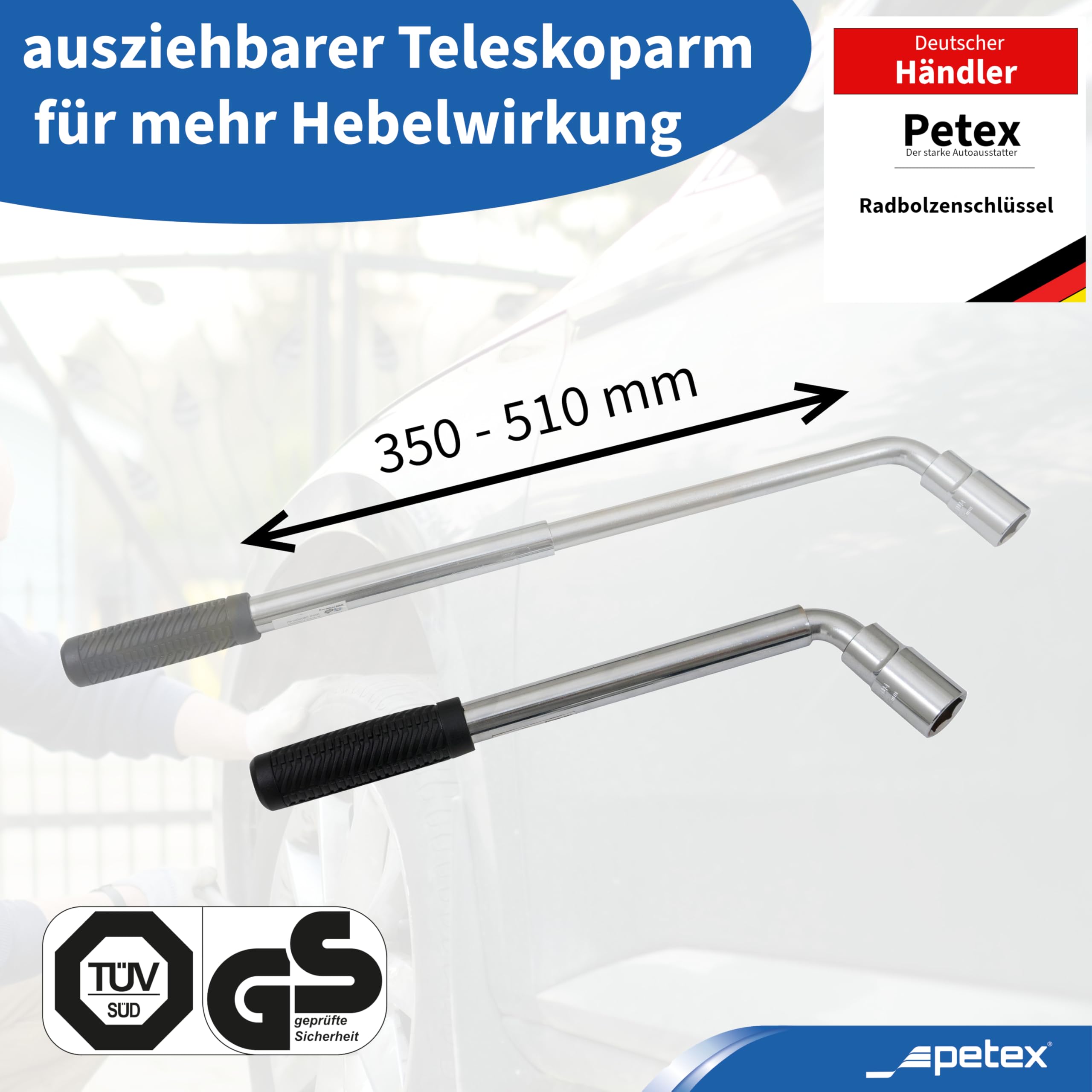 PETEX Chiave telescopica allungabile, lunghezza: 350 – 510 mm, con 2 bussole da 17/19 mm e 21/23 mm