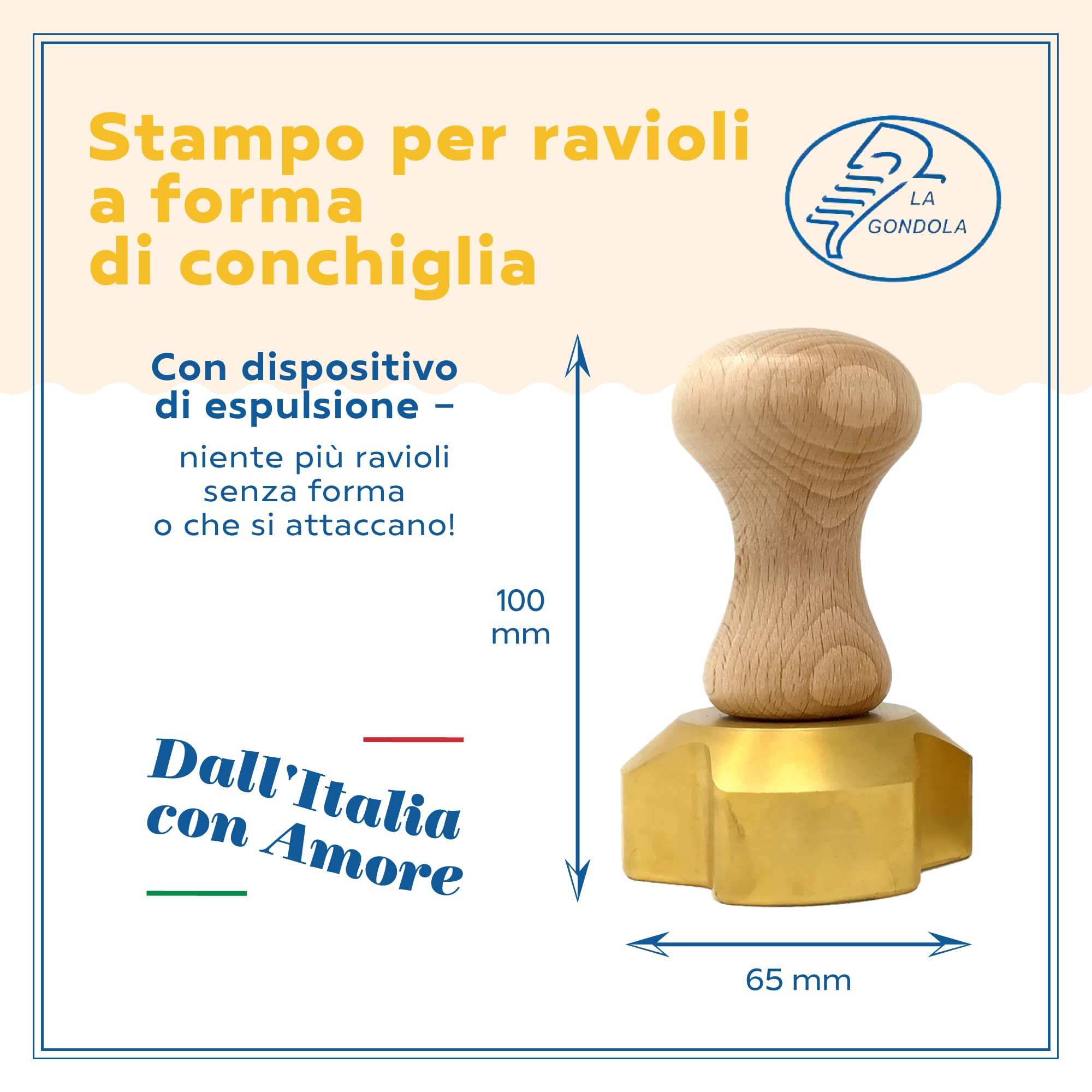 LA GONDOLA Stampo a Conchiglia per Tortelli Corpo in Ottone Impugnatura in Legno, Made In Italy