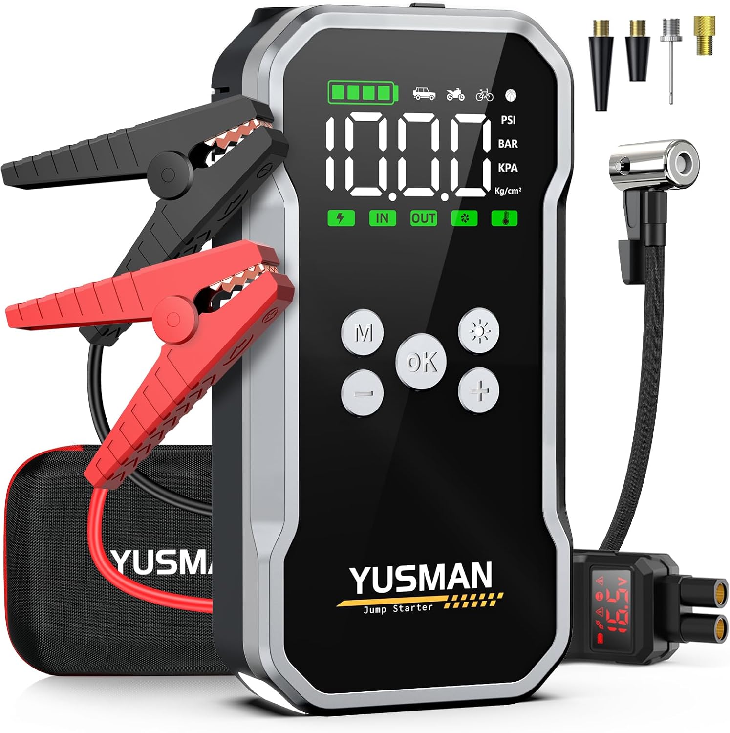 YUSMAN Avviatore Batteria Auto - 8000A, Booster Avviatore Auto con Compressore 160PSI (per 12V 10.0L GAS e 8.0L DIESEL), Jump Starter 5V/3A, Avviatore Emergenza USB, LED,Starter Batteria LCD