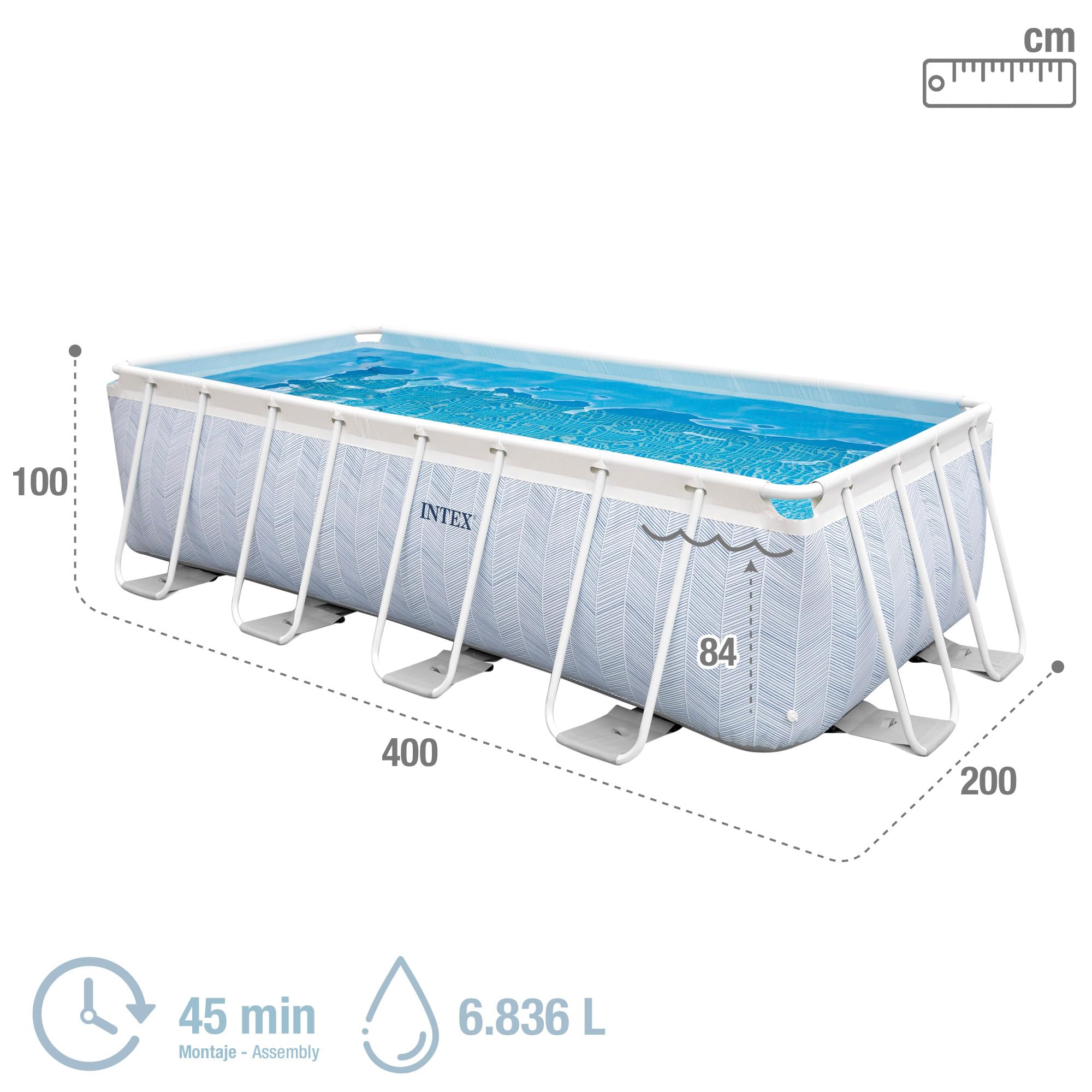 Intex Piscina Desmontable Rectangular Chevron Prism Frame Premium, Medidas 400x200x100cm, Capacidad 6.836 litros, Material Resistente Triple Capa, Incluye: depuradora y Escalera (55259)