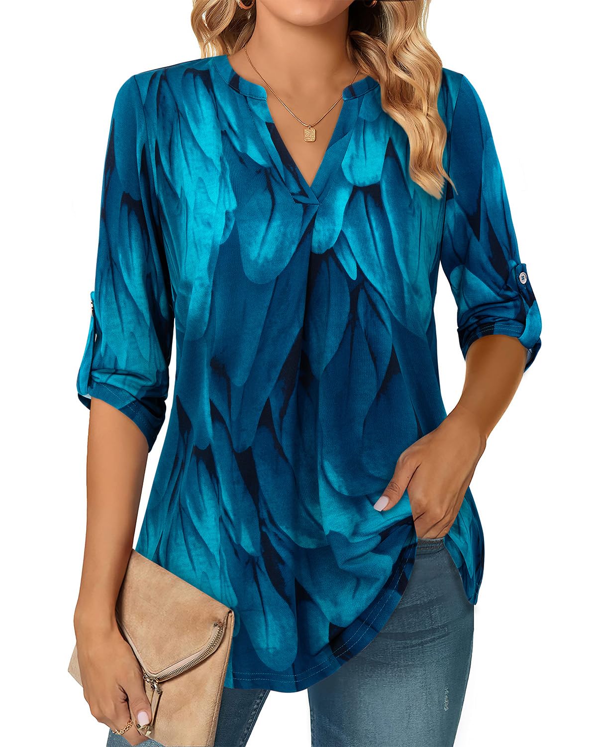 Siddhe Damen V-Ausschnitt Bluse 3/4 Ärmel Oberteile Tunika Tops Locker Longshirt Lässige T-Shirt Langarm Hemd