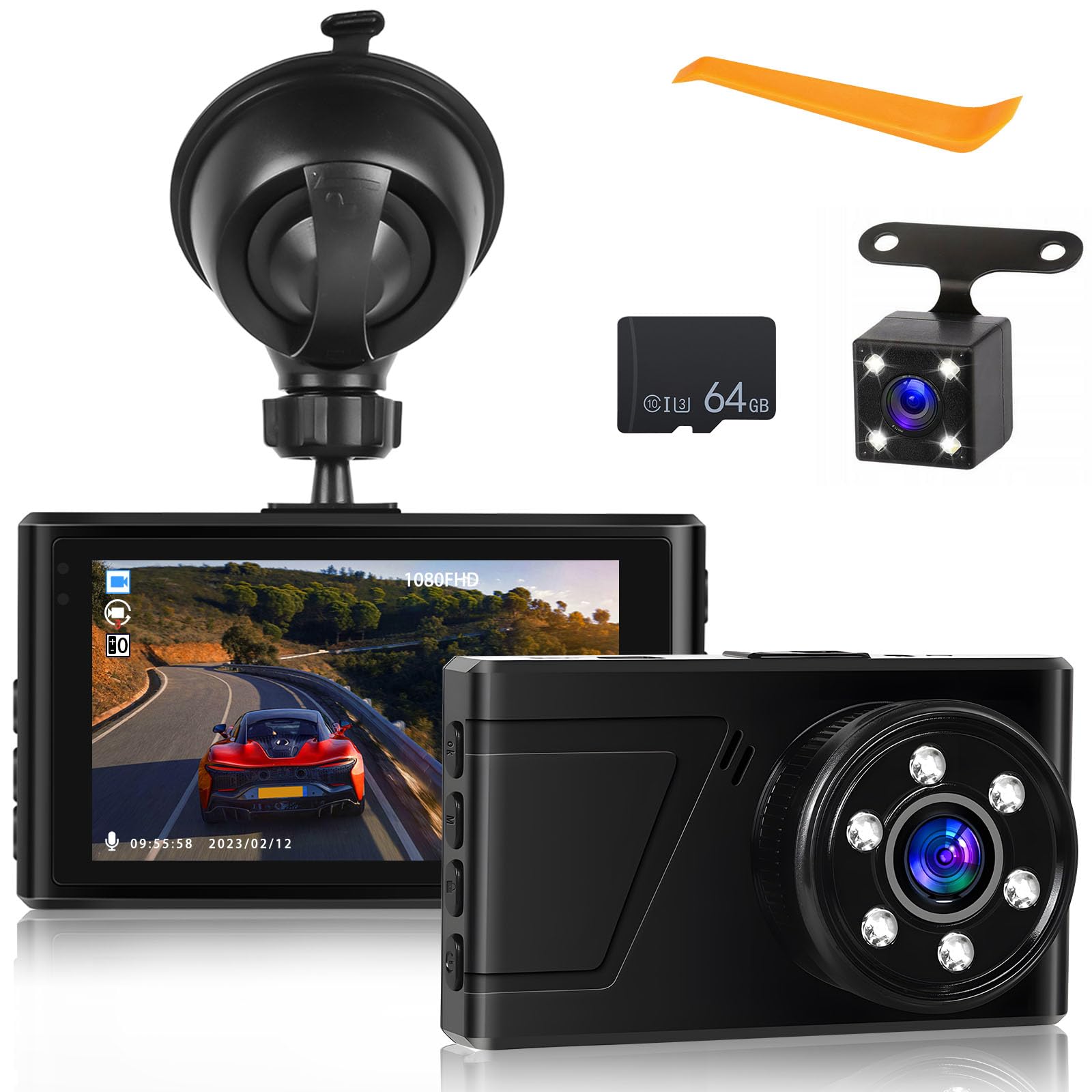 Hikity 3 Lens Dashcam Voiture Avant Arriere Camera Embarquée Voiture Écran Tactile 3 Pouces 1080P Dash Cam Avec G-Capteur, Enregistrement En Boucle, Vision Nocturne, 24H Mode Parking,Grand Angle 150