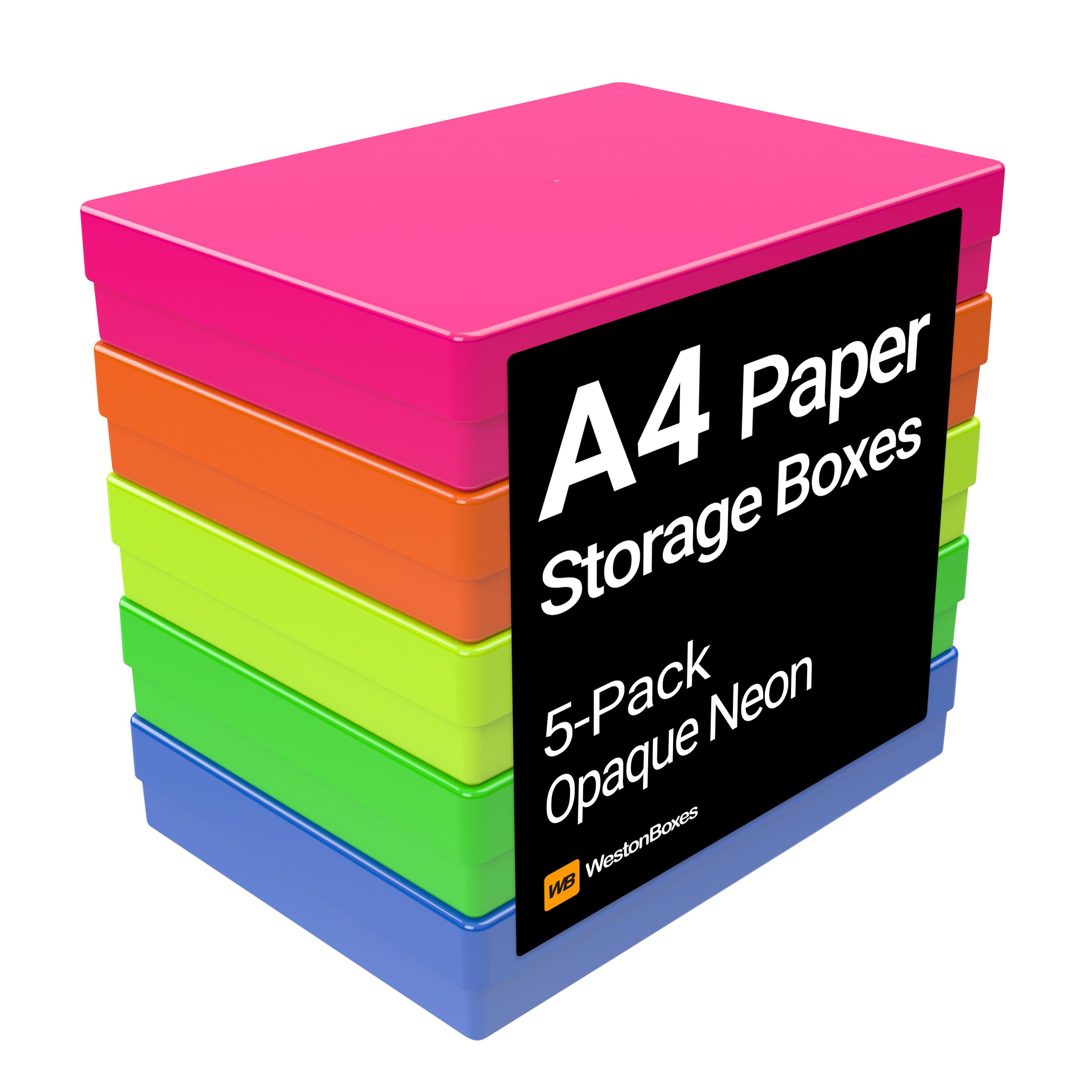 Westonboxes Neon Mix / Opaque A4 Colourful Transparent Plastic Craft Storage Boxes With Lids For Art Supplies, Paper And Card (Neon Mix/Opaque, Pack Of 5)