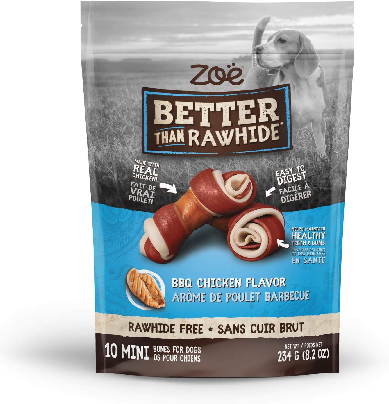 Zoë Better Than Rawhide Bones for Dogs, Mini, BBQ Chicken Flavor, (8.2 oz), 234 g (Pack of 1