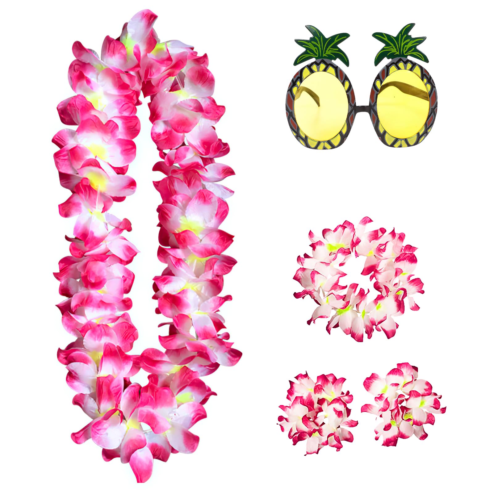 Wlleoaa Hawaiian Lei Flower Set, Hawaiians Fancy Dress, Hawaiian Garland with Pineapple Sunglasses, Hawaiians Party Accessories, Summer Style Tropical Decoration for Summer Party Adults Kids (Blush)