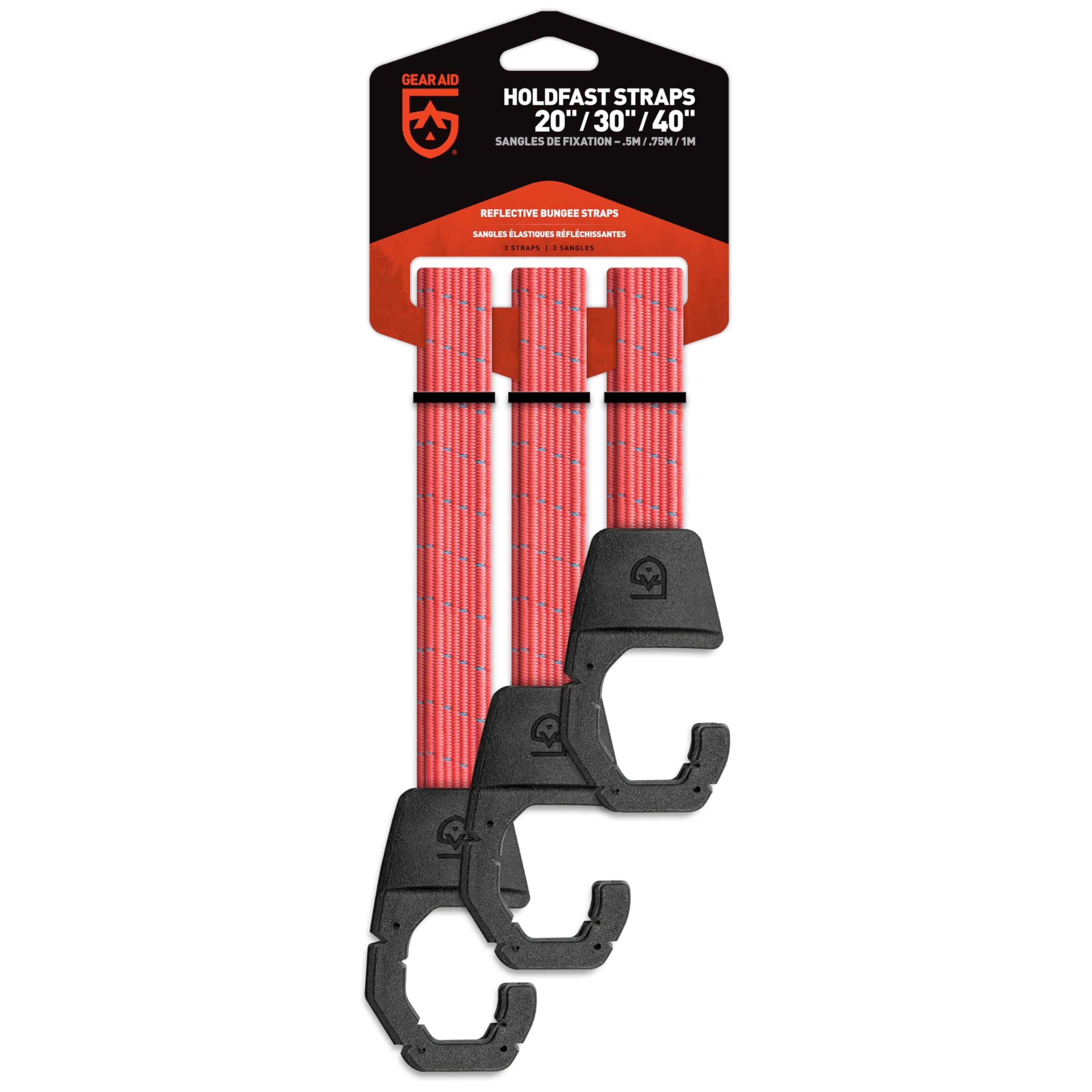 GEAR AID Holdfast Bungee Strap, Organize Your Garage and Gear for Biking, Camping, Hunting, Exercise, Paddling and More, Orange Reflective, Multipack 20-30-40” Lengths