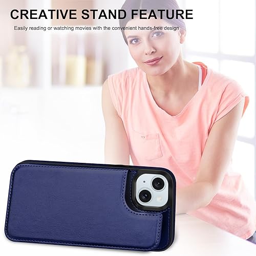 Miniatura 2 de Funda de piel tipo cartera con tarjetero y función atril para iPhone 15 Plus, cierre magnético, a prueba de golpes, resistente, funda protectora