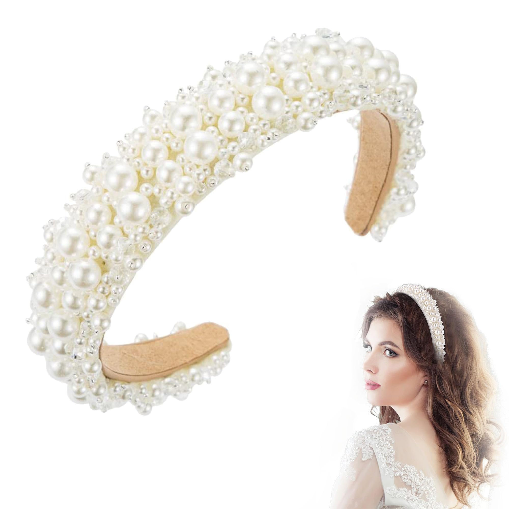 Confezione da 4 fasce per capelli alla moda, con perle artificiali bianche, con strass, accessorio per capelli da sposa, per donne e ragazze