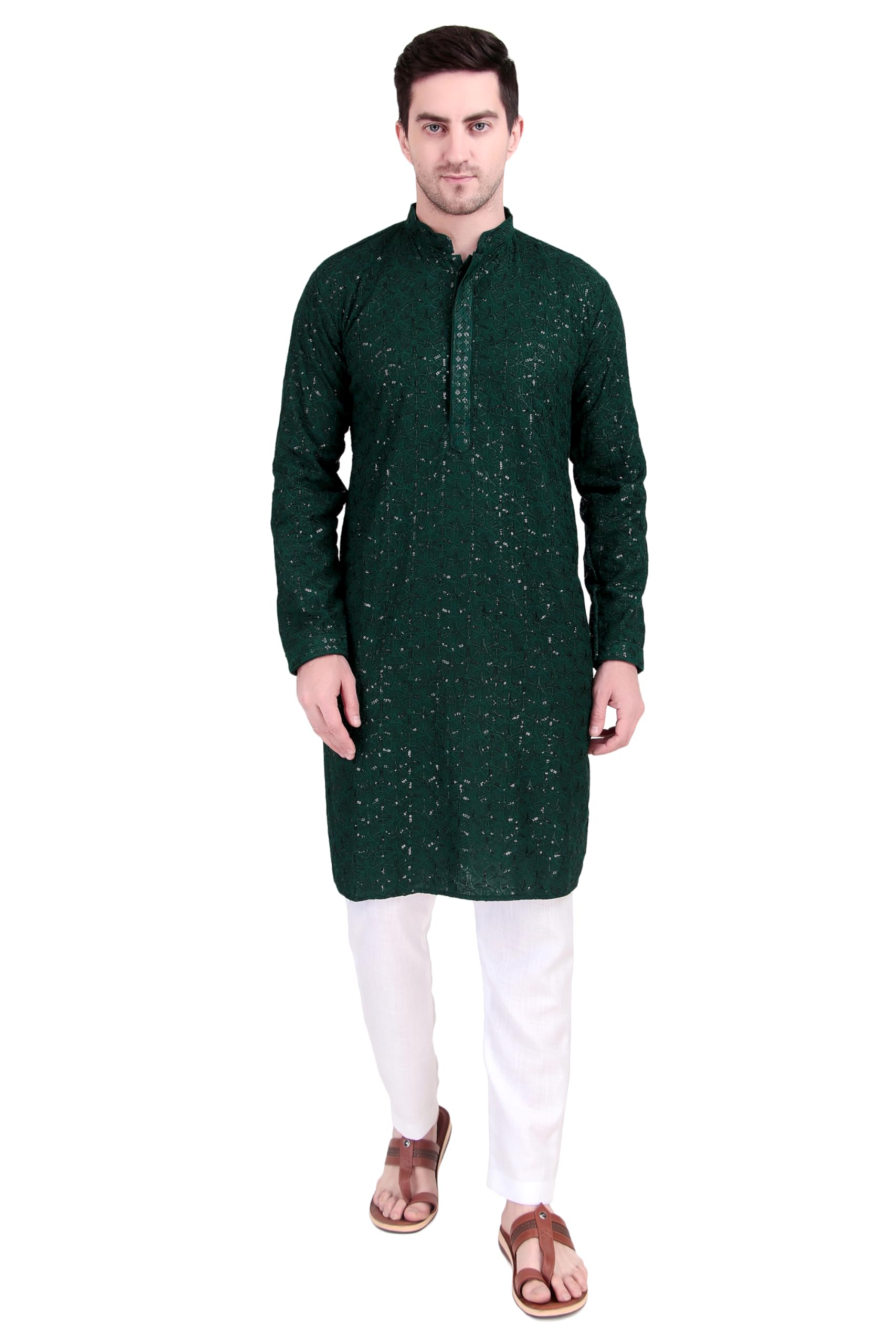 Sequin Embroidered Cotton Blend Slim Fit Embellished Kurta Pyjama Set for Men-image-18